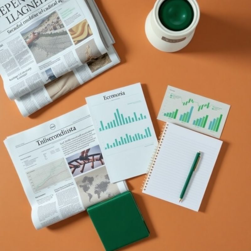 Flat lay de periódicos económicos, gráficos impresos y un cuaderno verde