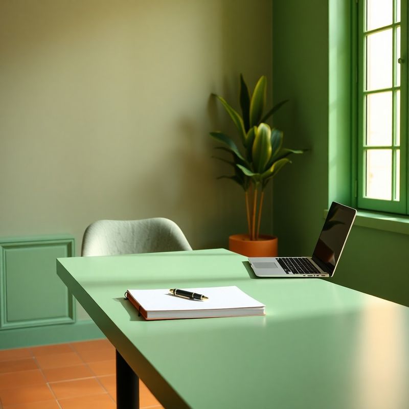 Escritorio ordenado con cuaderno, bolígrafo y portátil abierto junto a una ventana