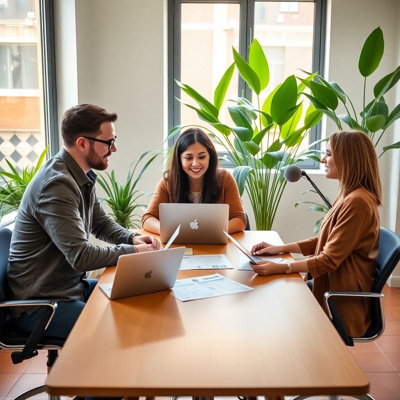 Equipo de tres periodistas trabajando alrededor de una mesa con portátiles y hojas de datos